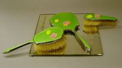 Three-Piece Art Deco Enameled Silver Plated Vanity Set and Mirror Tableau